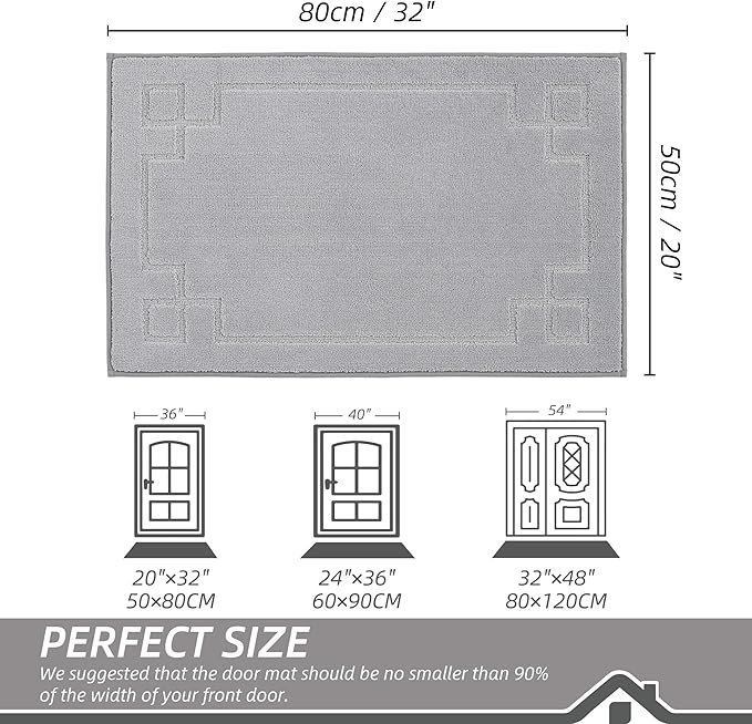 BEQHAUSE Door Mat 20" x 32", Non-Slip Door Mats Indoor Entryway Rugs Washable Low-Profile Absorbent and Stain Resist Floor Mats, Dog Door Mat for Front Back Door, Muddy Wet Shoes & Paws, Light Grey