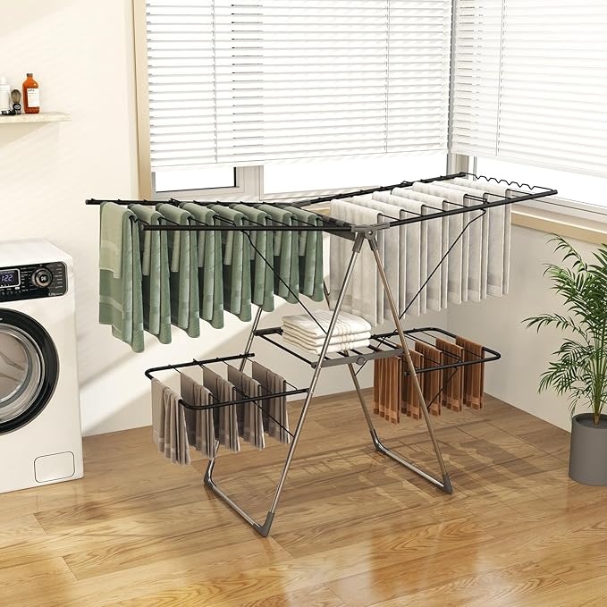 Giantex Clothes Drying Rack, Foldable Laundry Drying Rack with 33 Drying Rails, 3-Level Adjustable Height, Versatile Clips, Wave-Shaped Bars, Collapsible Freestanding Airer for Indoor Outdoor