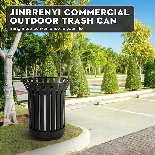 Round Heavy Duty Outdoor Trash Can, Large Metal Slatted Garbage Can for All Weather Resistant, Commercial Garbage Cans, Waste Receptacle in Park, Beach, Patio (Black, Large)