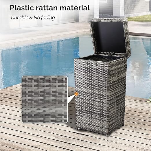 VINGLI Wicker Patio Trash Can, 27 Gallon Rattan Trash Can with Removable Lid, Outdoor Wicker Waste Basket, Wast Container (Grey)