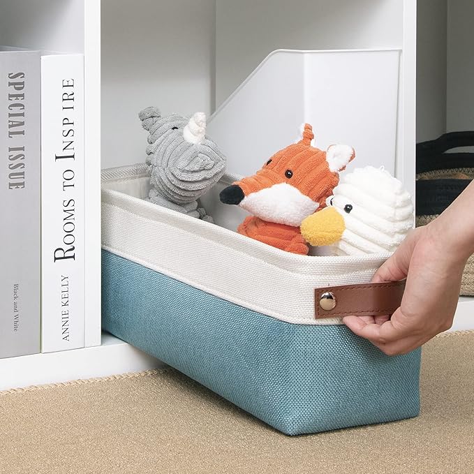 DULLEMELO Fabric Bathroom Storage Bin with Leather Handles, Narrow Organizer for Towels, Toilet Paper Rolls, Storage Basket for Back of Toilet, Vanities, Shelves & Cabinets (White&Teal)