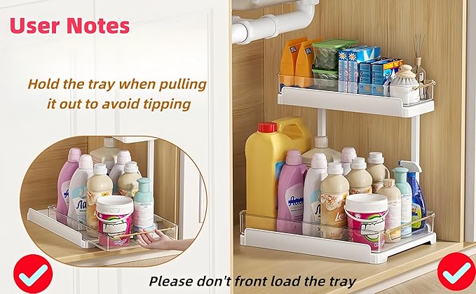 heart & home 2-Pack Under Sink Storage Organizer for Kitchen & Bathroom Cabinets with Removable Washable Tray, Tool-Free Assembly – Multi-Purpose for Countertop, Laundry & Vanity, White