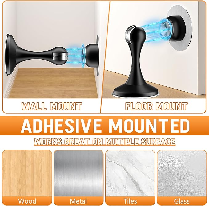 Crosize Magnetic Door Stoppers 4 Pack, Stainless Steel Door Catch for Wall and Floor Mounting, Door Holder Keep Door Open, No Drilling Door Stop with Adhesive Tapes, Black