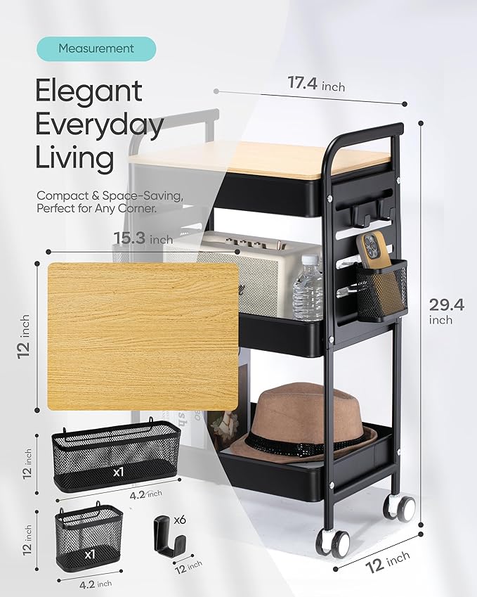 Art Cart with Tabletop & Pegboard - 3-Tier Rolling Utility Cart with Wheels, 2 Baskets & 6 Hooks - Metal Storage Organizer for Home, Office, Crafting & Kids’ Art Supplies (Black)