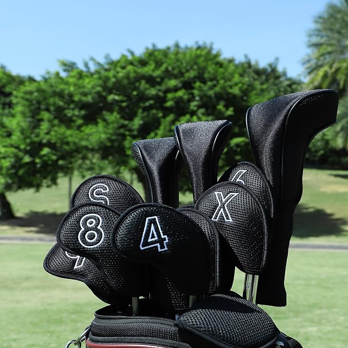 Montela Golf Iron Covers,Golf Iron Head Covers Mesh Golf Iron Covers Set 10pcs Golf Iron Headcovers,Golf Club Head Covers for Iron with Magic Tape Fit Most Brand 4-9 APSX
