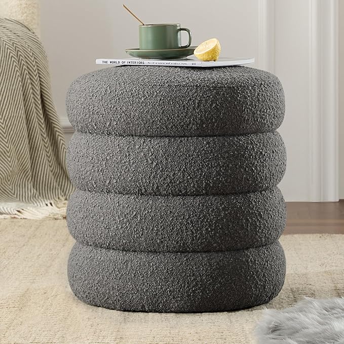 Round Ottoman with Storage Boucle Ottoman Stool with Storage Removable Lid for Living Room Modern Vanity Sorage Stool Foot Rest Bedroom Dorm Gift Set of 1 (Grey)