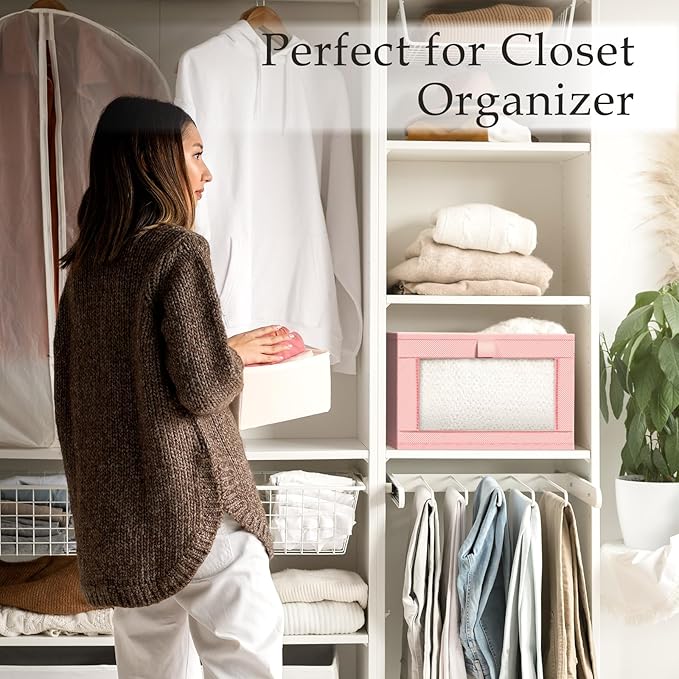 Criusia 4 Pack Linen Closet Organizers and Storage, Closet organizer Large Linen Closet Baskets for Organization, Foldable Storage Containers for Towels, Clothing, Jeans, Books, Shelves, Pink