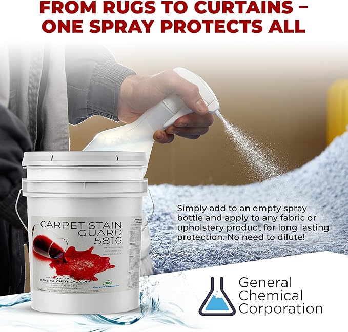 General Chemical Stain Shield Spray - Safe Fabric Protector Spritz and Stain Guard 5816 for Upholstery, Carpets, Rugs, Drapes & More - Impermeable Protectant Spray for Outdoor & Indoor Use - 5 Gallon