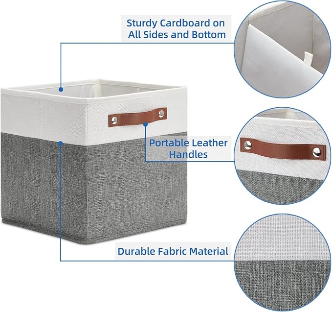 Temary Cube Storage Bins 4 Pack Storage Cubes 11×11 Fabric Storage Bins Foldable Cube Storage Baskets with Handles, Collapsible Storage Basket for Shelf (White & Grey, 11 x 11 x 11)