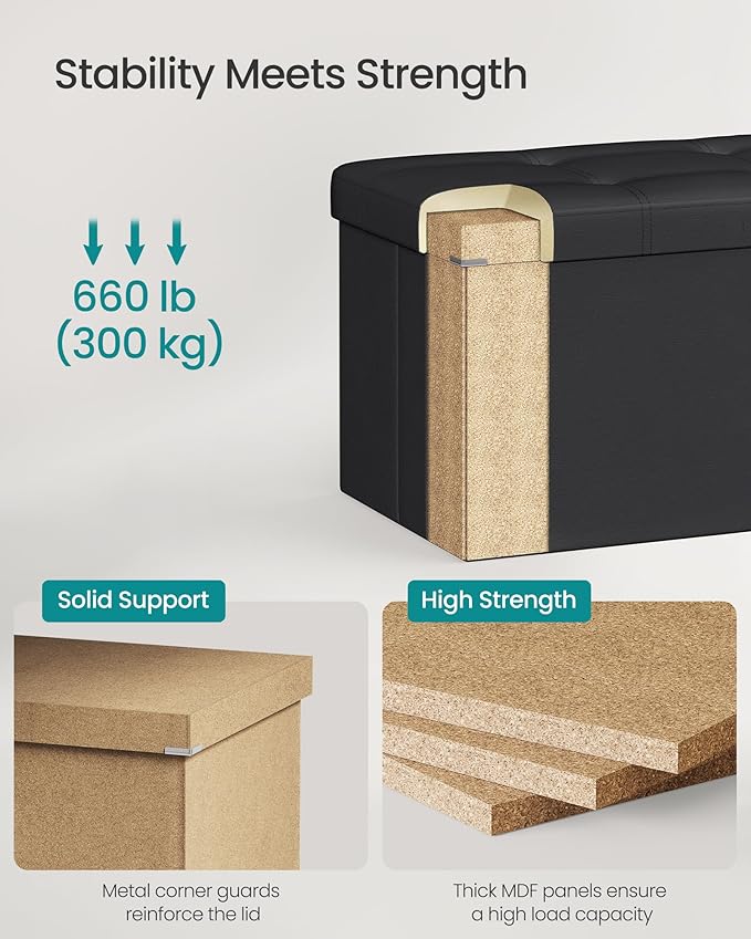 SONGMICS MAZIE Collection - 43 Inches Folding Storage Ottoman Bench, Ottoman with Storage, Foot Rest Stool, Load 660 lb, for Living Room, Synthetic Leather, Black ULSF701