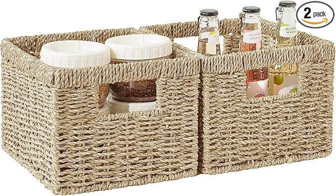 Seagrass Wicker Basket, Decorative Woven Baskets with Built-in Handles, Hand-woven Storage Organizer for Organizing Pantry, Shelves, Laundry, Livingroom, Bedroom, Toilet(2-PACK, Natural)