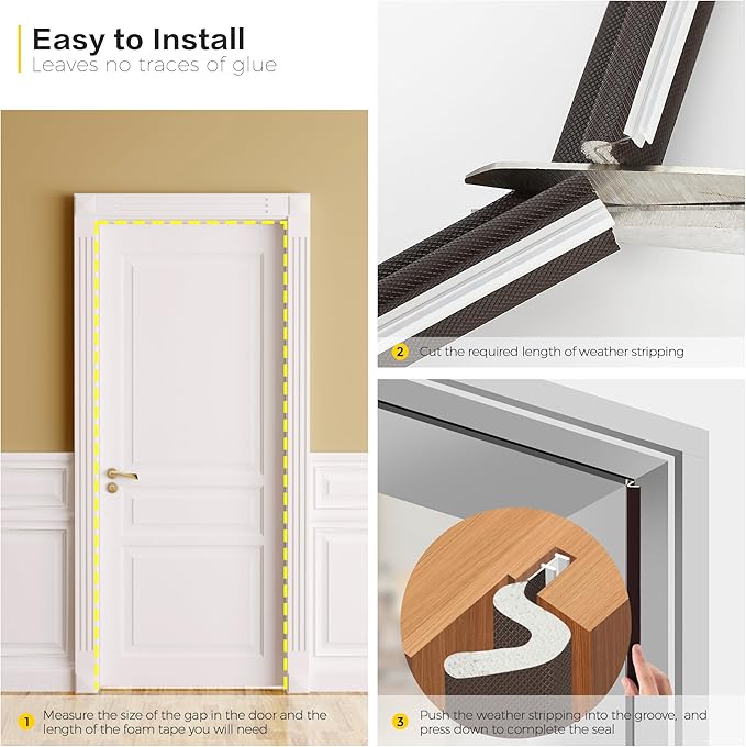 Weather Stripping Door Seal Strip - Soundproof Q-Shaped Foam for Exterior Door Frame, Large Gap Seal, Noise Cancelling, Easy to Install (Brown, 28FT)