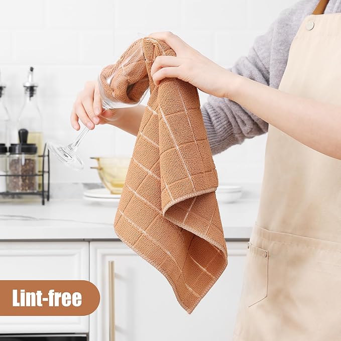 Homaxy Microfiber Kitchen Towels and Dishcloths Set, 12 Pack Soft and Absorbent Dish Hand Towels Bulk, 28 x 16 Inch & 12 x 12 Inch Quick Drying Rags for Washing Dishes, Camel