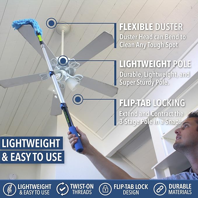 EVERSPROUT 3 Foot Flexible Microfiber Ceiling & Fan Duster | Bendable to Clean Any Fan Blade | Removable & Washable Brush Head | 3-Stage Lightweight Aluminum Extension Pole