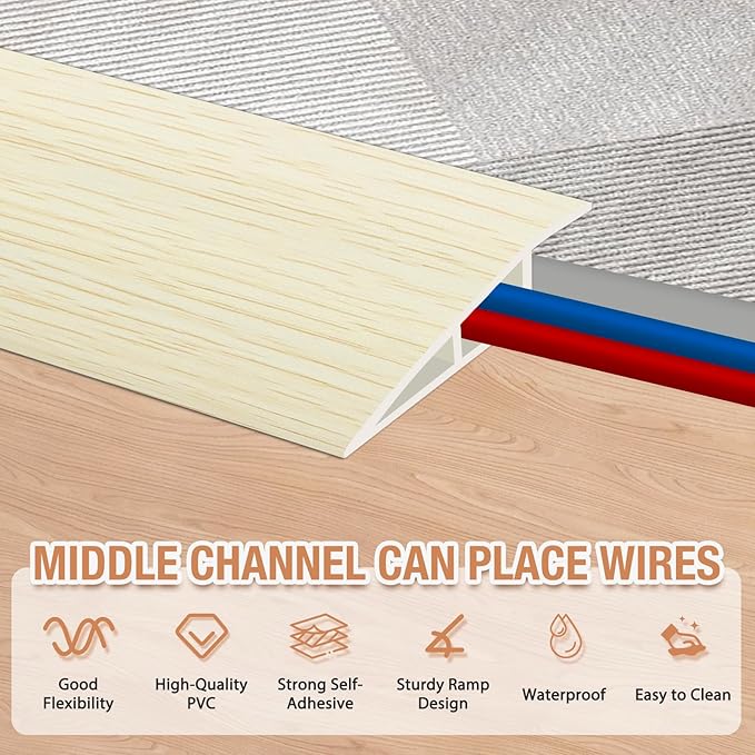 Floor Transition Strip Self Adhesive Vinyl Door Threshold for Doorways Carpet Edging Trim Overlap Edge Reducer for Laminate Floor, Carpet, Tile (Beige Wood Grain, 3/5" to 4/5", 3.3Ft)