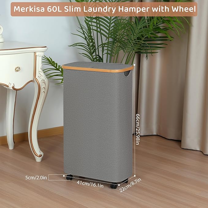Slim Laundry Basket with Wheels,Narrow Hampers for Laundry, Laundry Hamper with Lid&Bamboo Handles,Dirty Clothes Hamper for for Bathroom Bedroom Dorm, 60L Grey