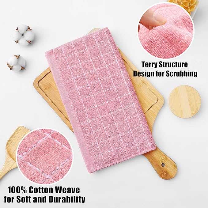 Homaxy 100% Cotton Terry Kitchen Towels(Pink, 13 x 28 inches), Checkered Designed, Soft and Super Absorbent Dish Towels, 12 Pack