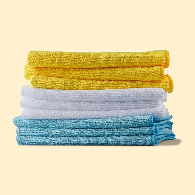 Amazon Basics Microfiber Cleaning Cloths, Non-Abrasive, Reusable and Washable, Pack of 48, Blue/White/Yellow, 16" x 12"
