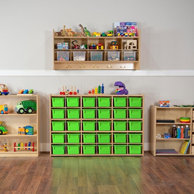 Wood Designs Cubby Storage Bin, Heavy Duty Plastic Containers for Kids Lime Green Cubby Tray Set of 12