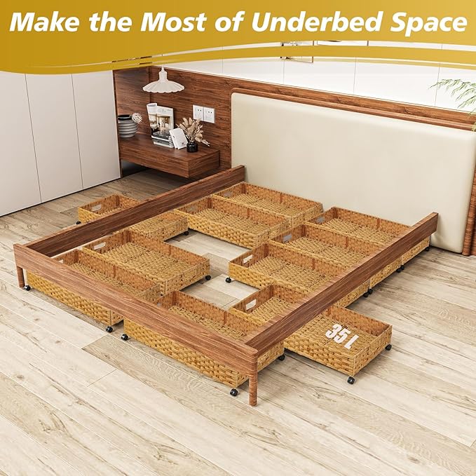 Under Bed Storage Containers with Wheels, 31.5in / 35L Handmade Rattan Underbed Organizer Drawer, Tool-free Assembly Rolling Under Bed Storage Bins for Shoes Clothes Toy Book