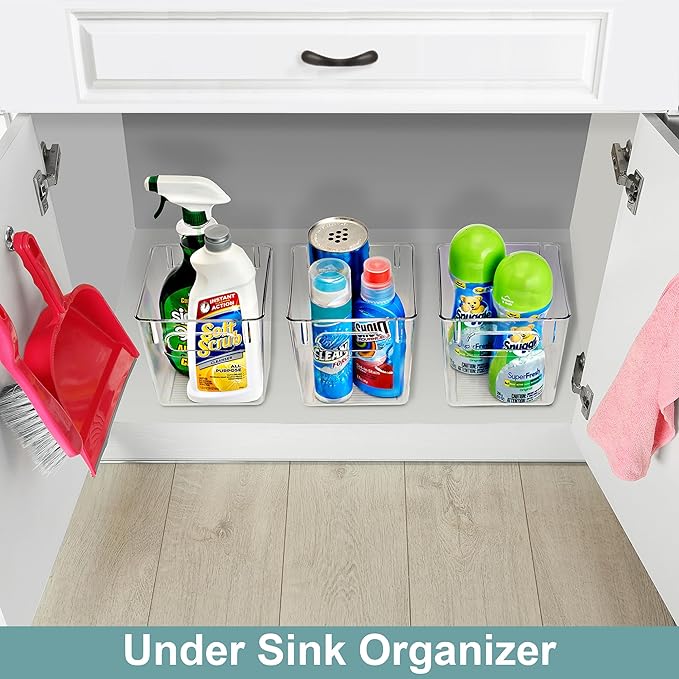 Sorbus 2 Pack Small Clear Plastic Storage Bins, Clear Organizer Bins with Handle for Kitchen, Pantry, Cabinet, Refrigerator, Craft, Toys, Clothes, Closet, Under Sink, Bathroom Organizers and Storage