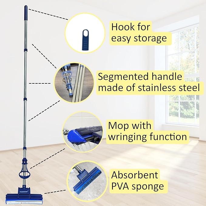OneTouch GO! Floor Cleaner, Floor Mops, Sponge Mops, Mop with Wringing Function (Cleanow OneTouch GO! Mop + 2 Refills)