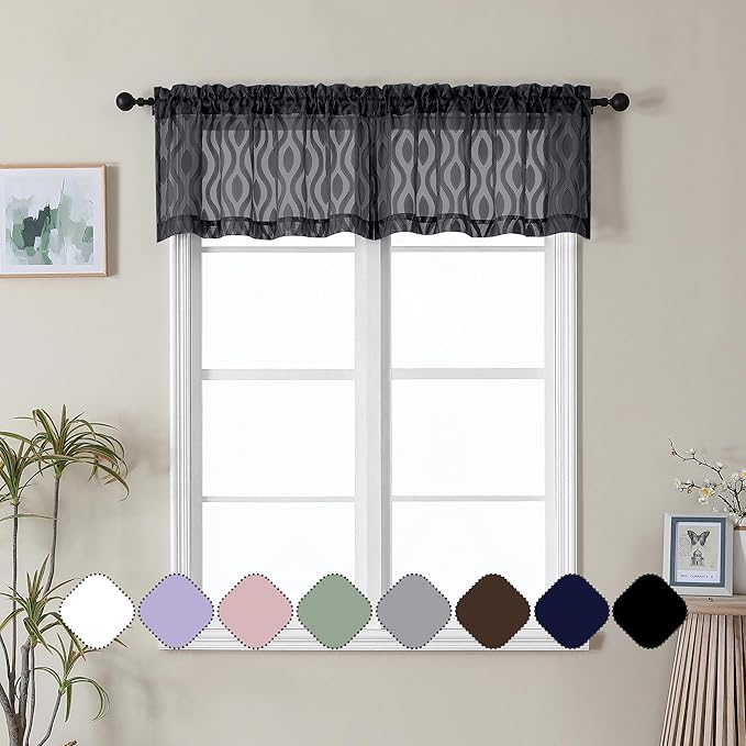 Aiyufeng Black Kitchen Curtains 14 Inch Length, Clip Jacquard Chic Wavy Line Black Valances for Windows, Lightweight Airy Rod Pocket Short Curtains for Bathroom Basement, 2 PCS, 40" Wx14 L Inches