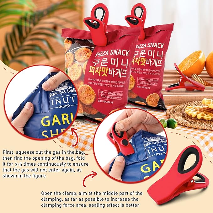 FINDMAG 12 Pack Chip Clips, Red Magnetic Bag Clip for Food Packages, Airtight Clips with Handle Durable Bag Sealers for Metal Surface, Garden, Fridge, Potatoes, Bread, Kitchen