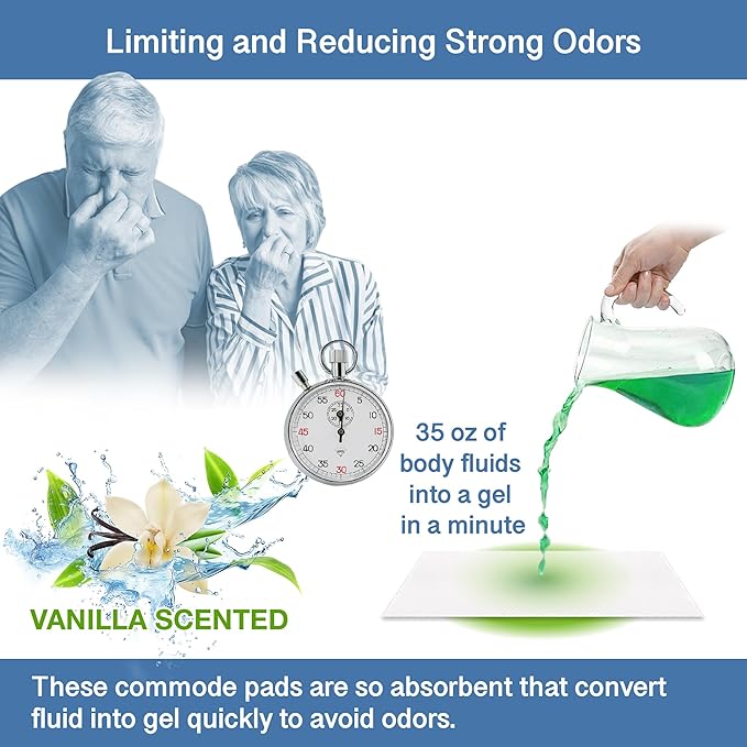 Commode Absorbent Pads for Bedside Commode Liners - 100 Vanilla Scented Pads for Portable Toilet Bags, Bedside Toilet Liners, Potty Bags for Portable Toilet, Potty Chair Liners - No More Dirty Works