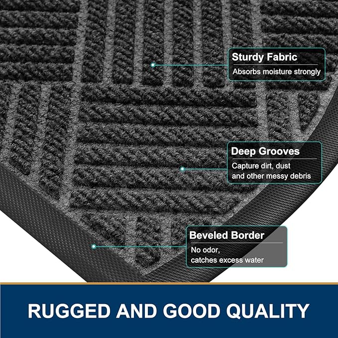 Smiry Half Circle Front Door Mat Outside Entrance, Heavy Duty Outdoor Indoor Natural Rubber Doormat, Non Slip, Trap Dirt and Moisture, Easy Clean, Low Profile Patio Porch Entryway Mat, 29.5x17, Black