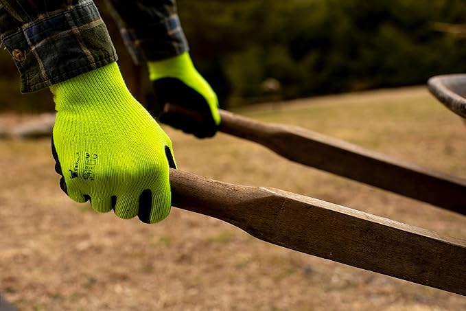 G & F Products G & F 1516 12 Pairs Pack Premium High Visibility Work and gardening Gloves for Men and Women. MicroFoam Textured Coated Palm and Fingers Gloves for Gardening Work, Size Small, Green