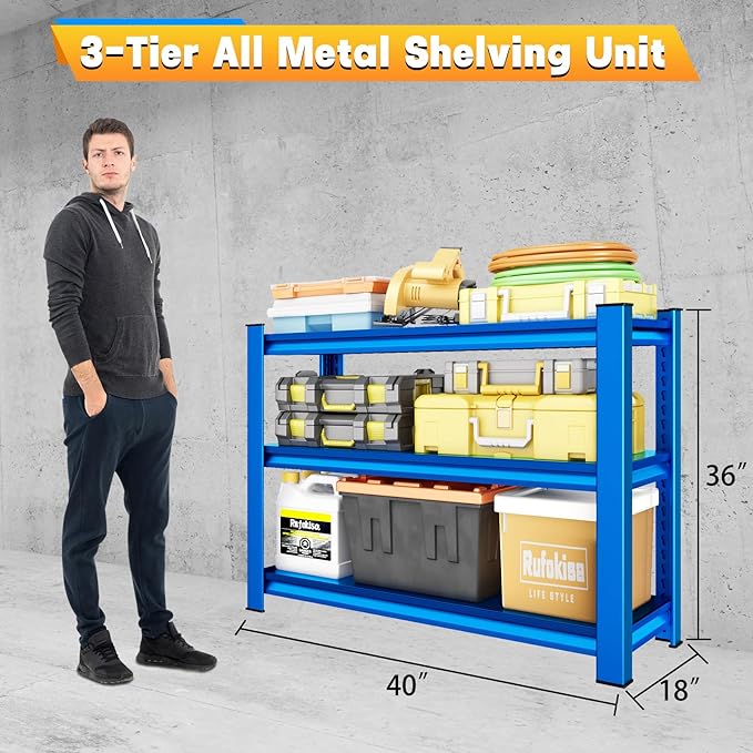 40" W Garage Shelving Heavy Duty，1500LBS Loads Adjustable Garage Storage Shelves,3-Tier Metal Storage Racks and Shelving Units, Utility Rack Shelves,40”W x 18”D x 36”H,Blue