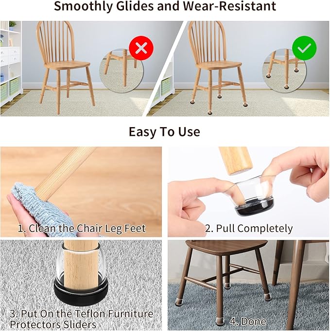 Ezprotekt 24 Pcs Clear Chair Leg Sliders for Carpet, Round Teflon Furniture Glides for Rug, Carpet Sliders Protectors Caps to Slide Smooth for Dining Table Chair, Bar Stool Legs (M Fit: 7/8" to 1")