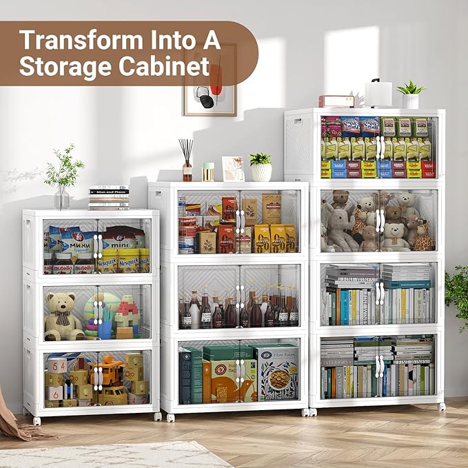 BROVIEW 300QT Extra Large Stackable Storage Bins, 75Gal Clear Plastic Closet Organizer Cabinet with Lid and Wheels, Collapsible Latch Boxes Folding Drawer with Door for Home Kitchen, V20 3Pack White