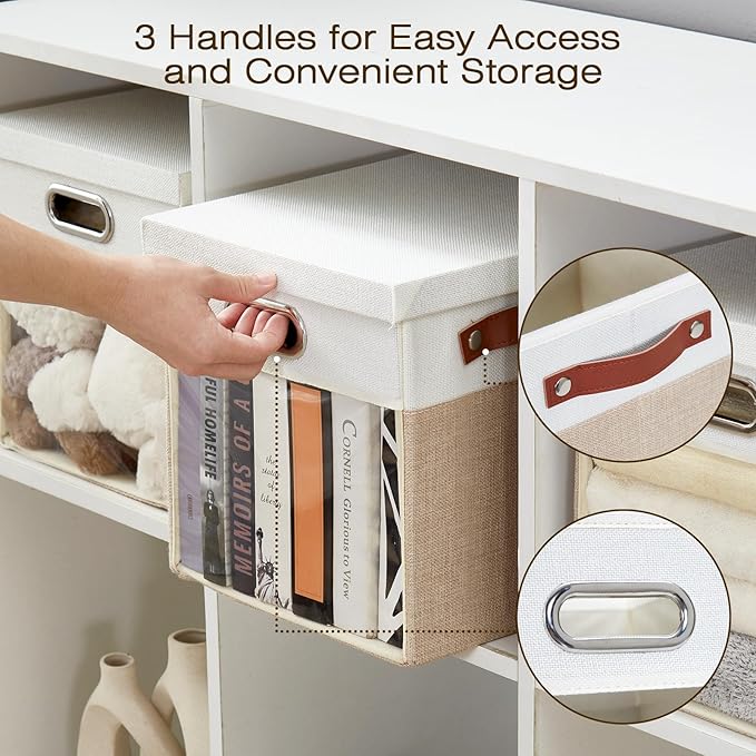 Fabric Storage Cubes with Clear Windows and Lids 11'' Foldable Storage Bins with 3 Handles, Decorative Storage Boxes for Home, Bedroom, Closet, Office (Beige & White)