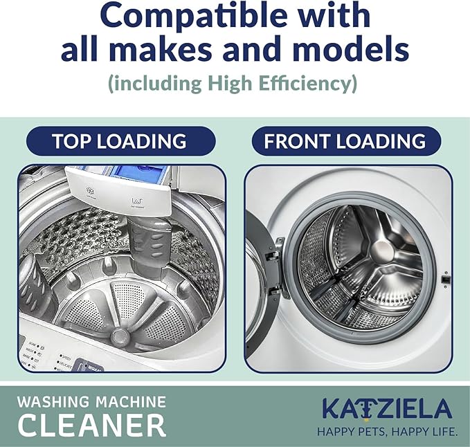 Katziela Washing Machine Cleaner Tablets – 24 Pack (12-Month Supply) – Formulated for Pet Owners – Helps Loosen Pet Hair & Eliminate Odors – Fragrance-Free, Enzyme-Based – Septic Safe & HE Compatible