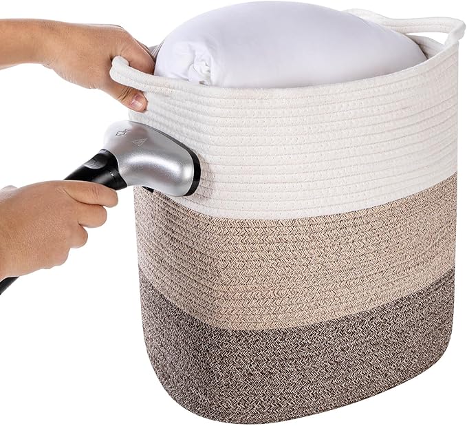Storage Baskets for Clothes Fabric Cotton Rope Storage Basket with Handles, Decorative Woven Basket for Living Room,Closet Organizer Blankets, and 2bags (Gradient Brown, L14×W11×H14)