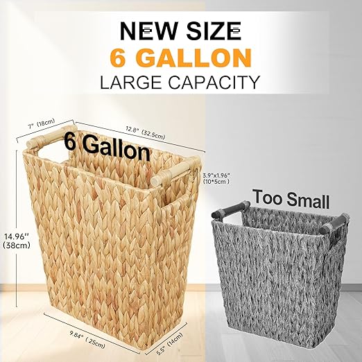 6 Gallon Wicker Trash Can with Wooden Handle,Wicker Waste Basket for Bathroom,Bedroom,Large Narrow Water Hyacinth Trash Basket,Rattan Boho Decor Farmhouse Bathroom Trash Can