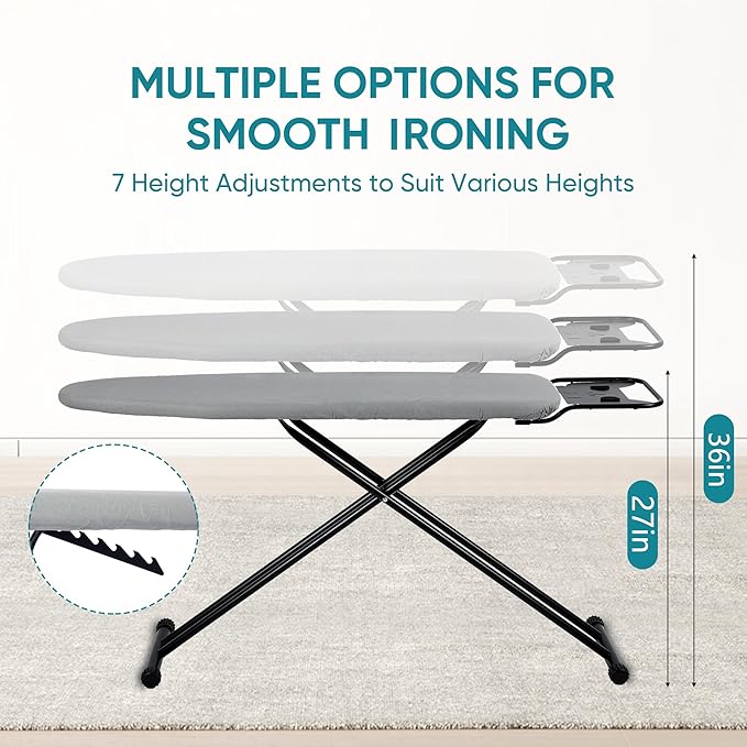 Ironing Board 13" X 43" W/Height Adjustable,Safety Iron Rest,Extra Heavy Cover,Heat & Scorch Resistant Fabric, Anti-Skid Feet,Easy to Fold Gray