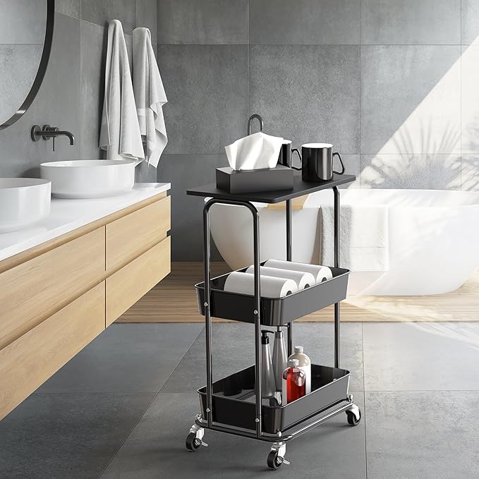 Simple Houseware 2-Tier Rolling Utility Cart with Lockable Wheels and Wood Top, Metal Storage Organizer Trolley for Kitchen, Bathroom, Office, Craft Room, Black
