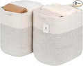 Storage Baskets for Clothes Fabric Cotton Rope Storage Basket bins with Handles, Decorative Woven Basket for Living Room,Closet Organizer Blankets Tall 2 bags White/Black Line, L14×W11×H14