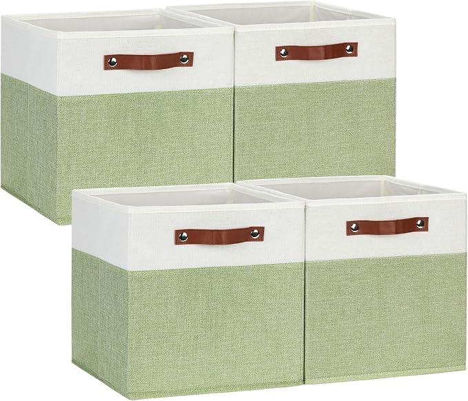 DULLEMELO Fabric Storage Cubes, 12x12 Storage Cube Bins for Organizing, Foldable Storage Baskets Square Cloth Bins for Cube Storage, Cube Organizer for Storage,White&Green