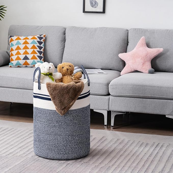 Woven Rope Laundry Hamper Basket by YOUDENOVA, 58L Tall Luandry Basket, Baby Nursery Hamper for Blanket Storage in Bedroom-Large-Blue