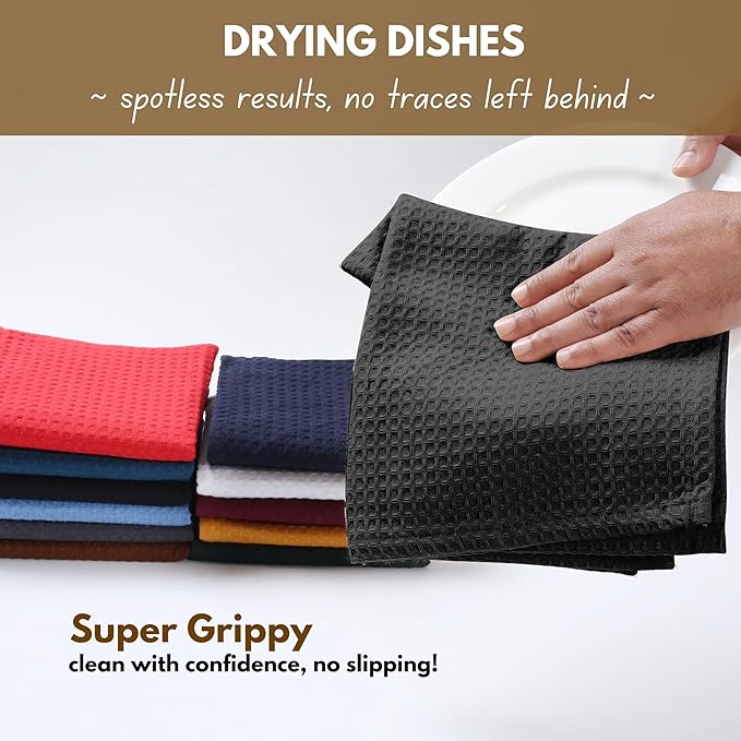 Native Fab Cotton Kitchen Towel with Hanging Loop 16x26 inches, 4-Pack, Waffle Weave Kitchen Towels for Cleaning Drying, Washcloths Soft & Absorbent Cloth Rags, Bar Towel, Dish Cloth, Black