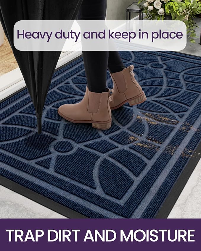 DEXI Front Door Mat Outside Entrance, Heavy Duty Non Slip Low Profile Doormat for Entryway, Trap Dirt and Moisture Welcome Mats, Easy Clean, Patio, Garage, 3x2, Blue