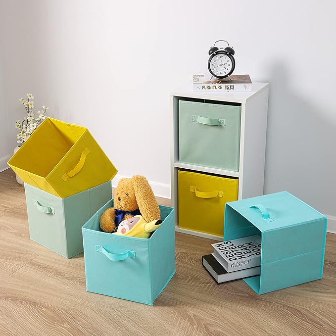 Stero 13x13x13 Inch Fabric Storage Bins 6 Pack Fun Colored Storage Cubes with Handles Foldable Cube Baskets for Home, Kids, Closet and Toys Organizer, Cyan, Green, Yellow