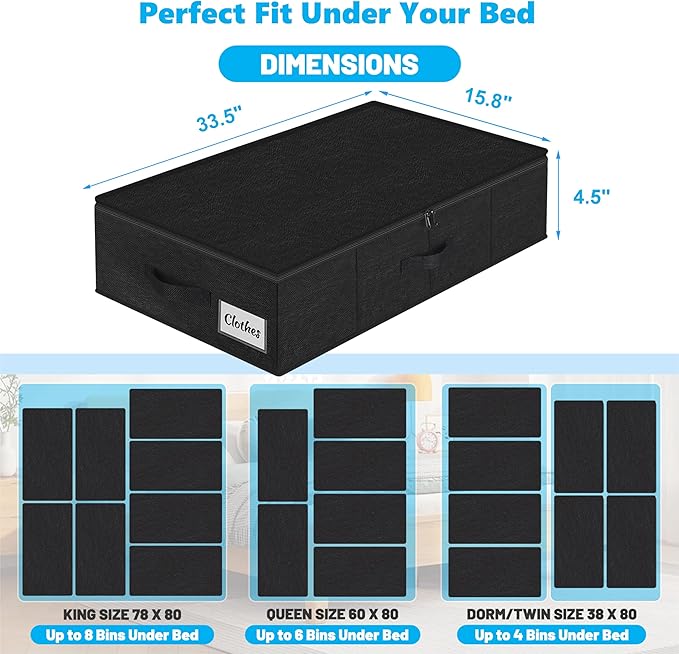 Under Bed Storage Container Bins 2 Pack, 4.5 Inch Slim Low Profile Underbed Clothes Storage Organizer for Dorm & Home, Use for Blanket and Toy Storage Box W/ Sturdy Bottom/Sides, Foldable Thick Fabric