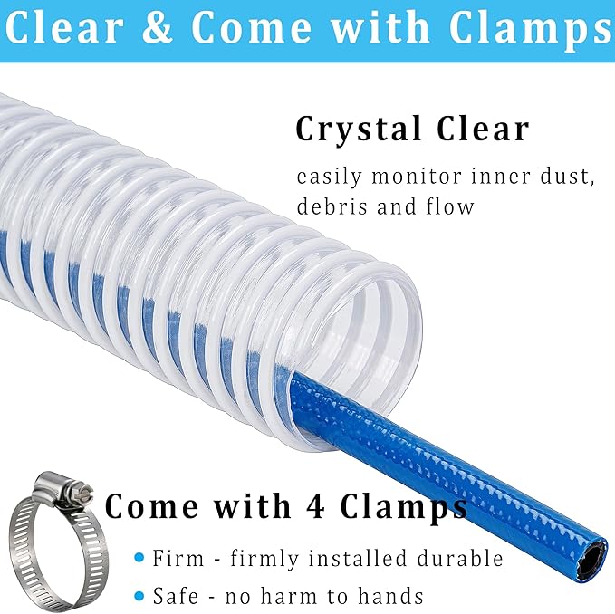 Dust Collection Hose 1-1/2 in × 10 ft Heavy Duty Clear Flexible PVC Reinforced Thicken Helix Suction Discharge Corrugated Pipe Hose for Fume Dust Collector Fitting Wood Chip Saw (1.5 inch 38mm hose)