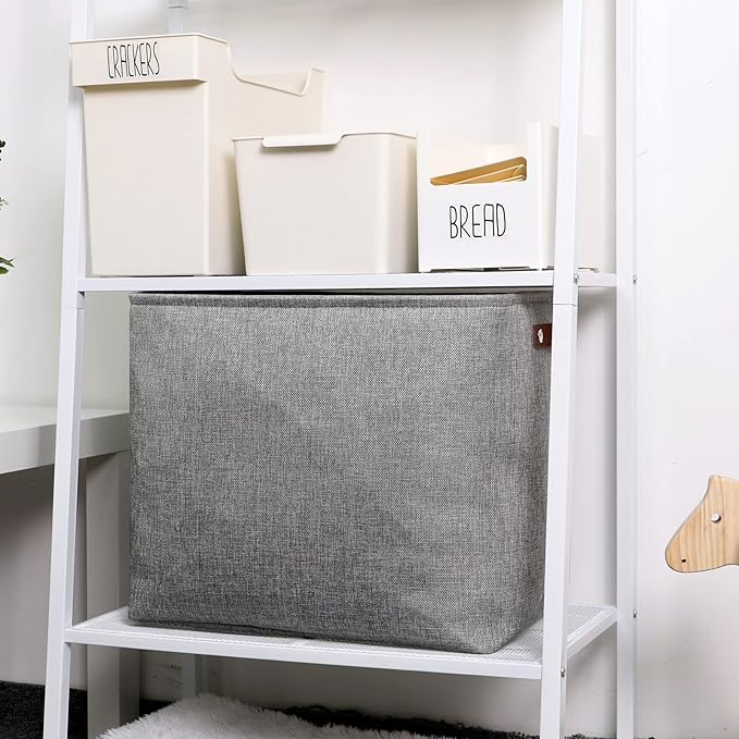 DULLEMELO Large Collapsible Storage Basket/Bin with Sturdy Leather Handles, Fabric Organizer Bin for Storage Clothes, Toys, Books, Office, Bedroom, Closet, Nursery & Laundry (Gray)