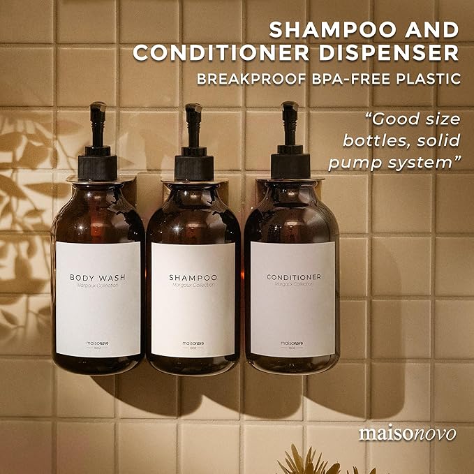MaisoNovo Shampoo and Conditioner Dispenser - Shower Soap Dispenser Wall Mounted - 16.9 fl oz Set of 3 Amber Plastic Bottles Black Pump - 3 Chamber No Drill